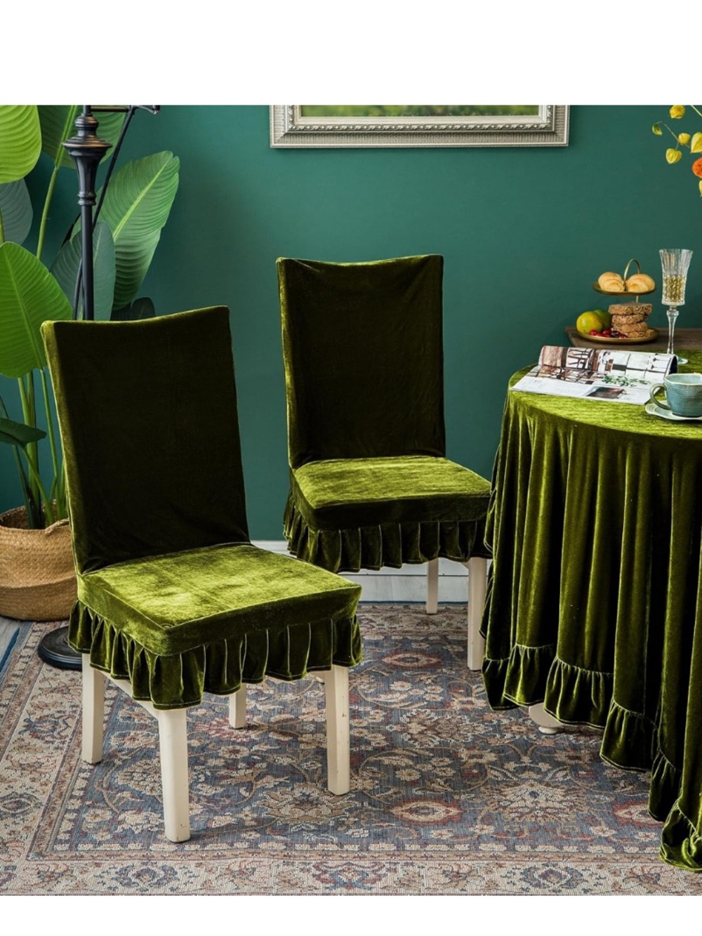 Velvet Parson’s Chair Slipcovers with Stretch Washable - OLIVE GREEN (Set of 2)